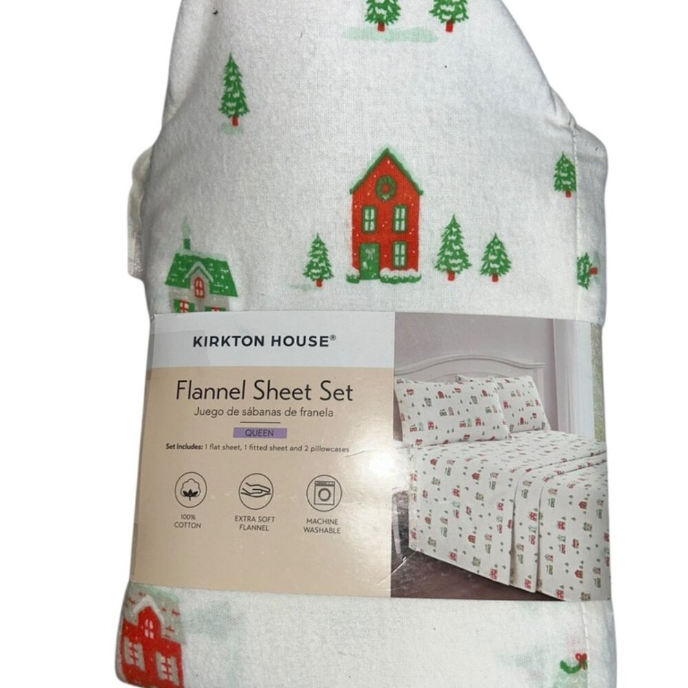 Kirkton House Christmas white red green House pine tree Flannel Sheets set Queen